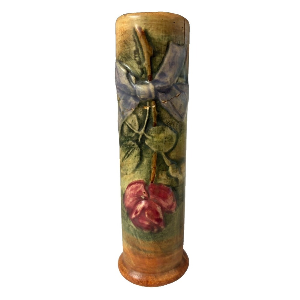 Vintage Ceramic Bud Vase Hand Painted Raised Flowers Blue Bow 6.5" Cottage Decor